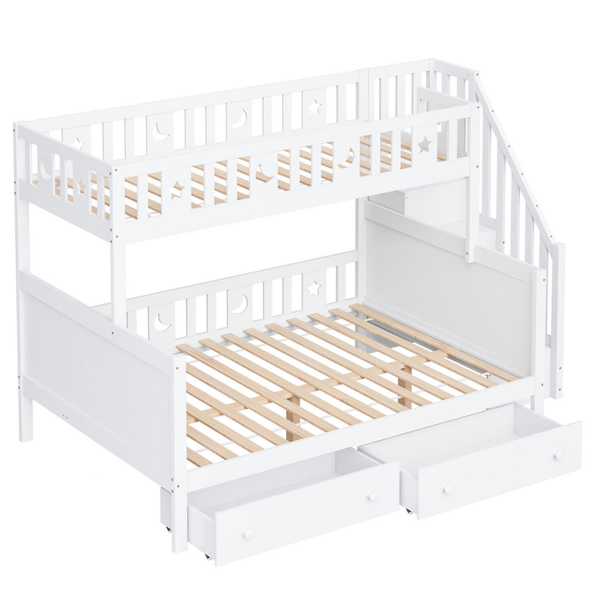 ETAGENBETT aus Massivholz 90x200/140x200 cm in Weiß mit Treppe & 2 Schubladen - Weiß, Holz (90/200cm) - Modfu