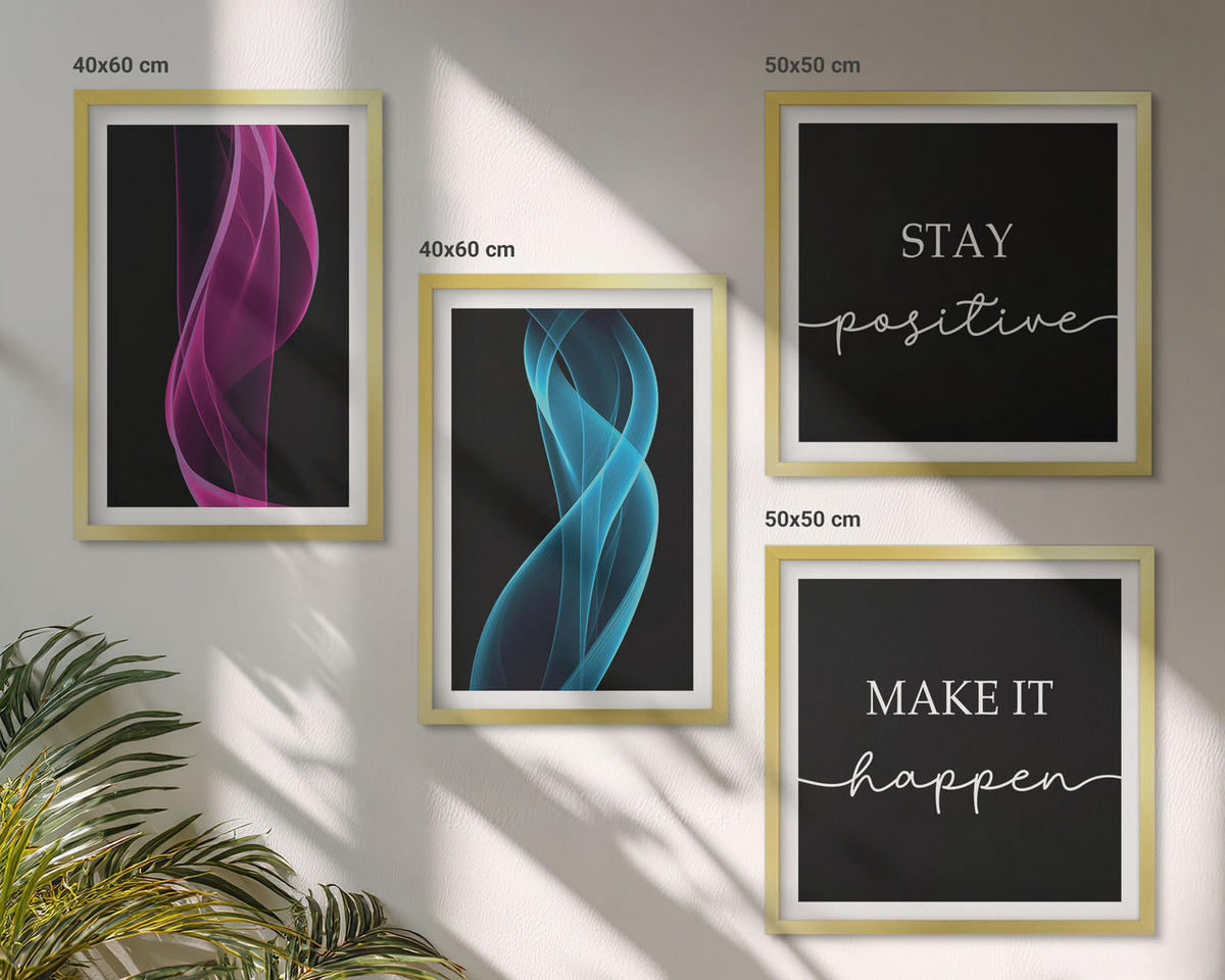 WANDBILDER 4er Set - 50x50 cm & 40x60 cm Goldrahmen - Neonlinienwellen im Hintergrund - Goldfarben, Kunststoff (50/50cm) - ArtPrintCave