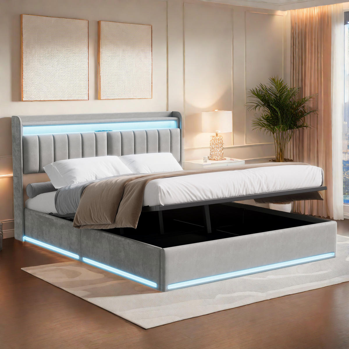 POLSTERBETT 160x200 cm Grau Samt LED Stauraum - Grau, Metall - SHOPENTRA