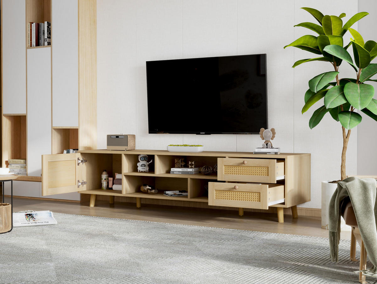 TV-LOWBOARD in Eiche-Optik mit Rattanfront 160/39/40.5 cm - Naturfarben, Holzwerkstoff (160/40.5/39cm) - Redom