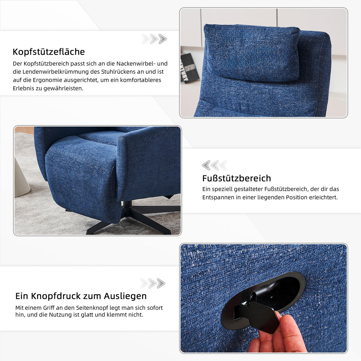 RELAXSESSEL Chenille mit Liegefunktion und 360° Drehfunktion 67/80.5/110 cm Blau - Blau, Textil (80.5/110/67cm) - Redom