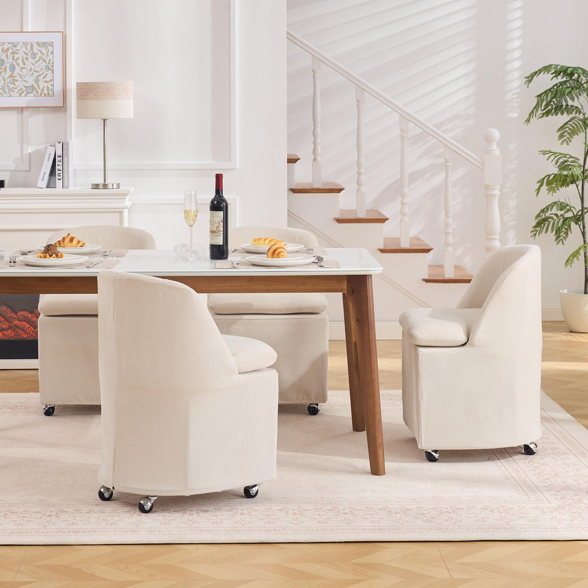 ESSZIMMERSTUHL 2er-Set mit Rollen Beige Chenille - Beige, Metall (53/78.5/53.5cm) - Meubliv
