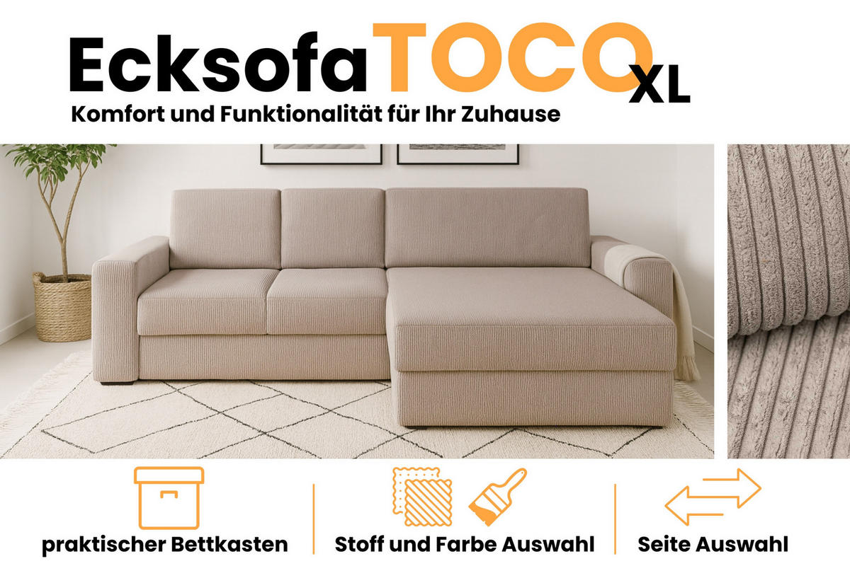 ECKSOFA TOCO XL 275/170 cm in Cord Beige rechts - Beige, Holz/Holzwerkstoff (275/170cm) - Deine Möbel 24