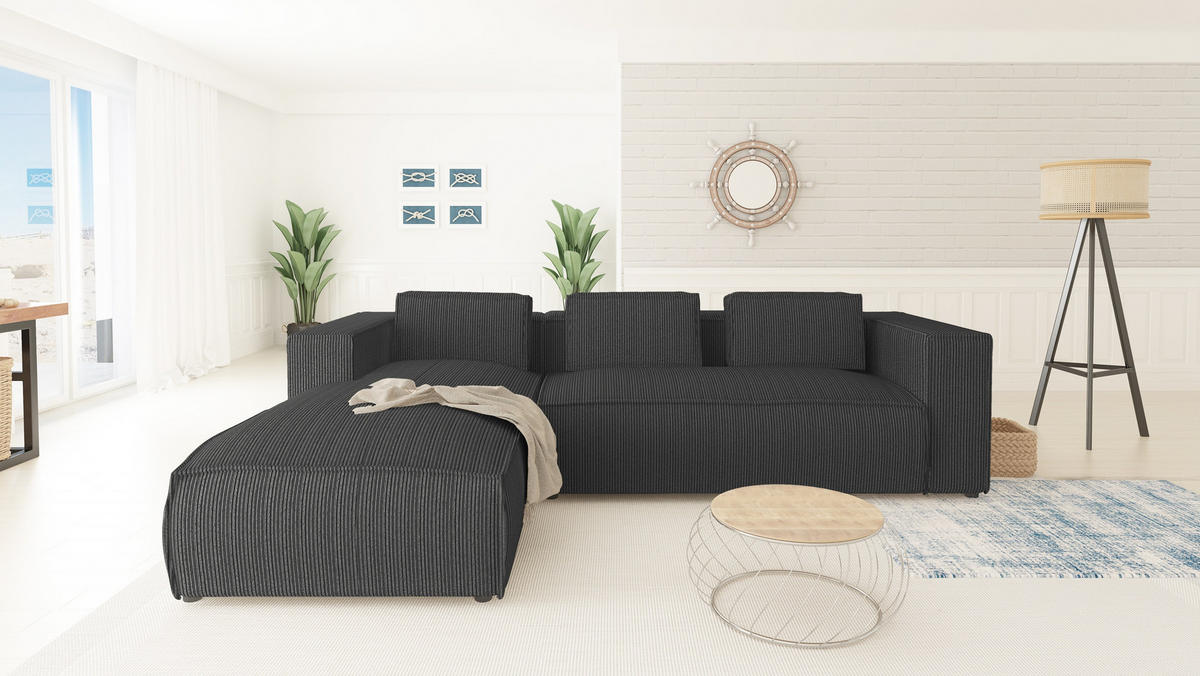 ECKSOFA Nova Grau Cord - Schwarz/Grau, Holz/Kunststoff (262/176cm) - S-Style Möbel