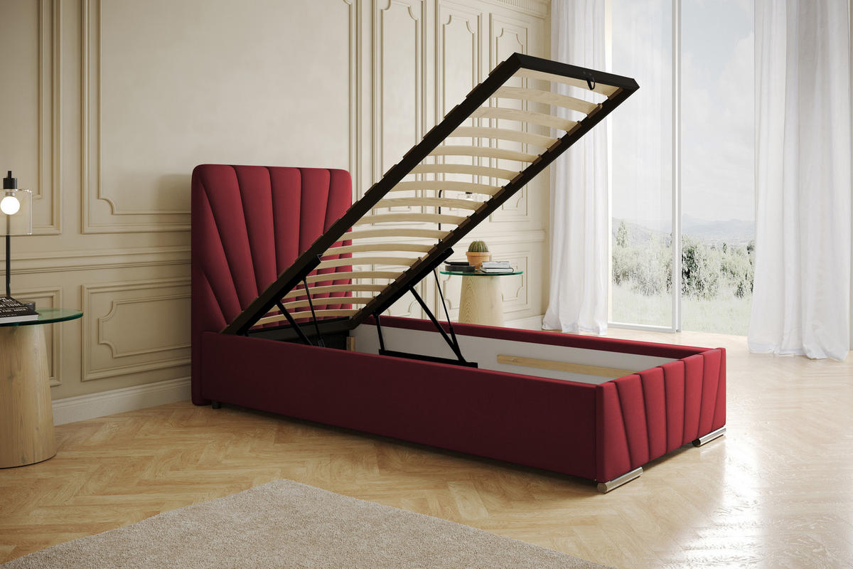 POLSTERBETT Ray 90 x 200 cm mit Bettkasten, Lattenrost und Taschenfederkernmatratze Pocket - Rot - Rot, Holz (90/200cm) - Panda Möbel
