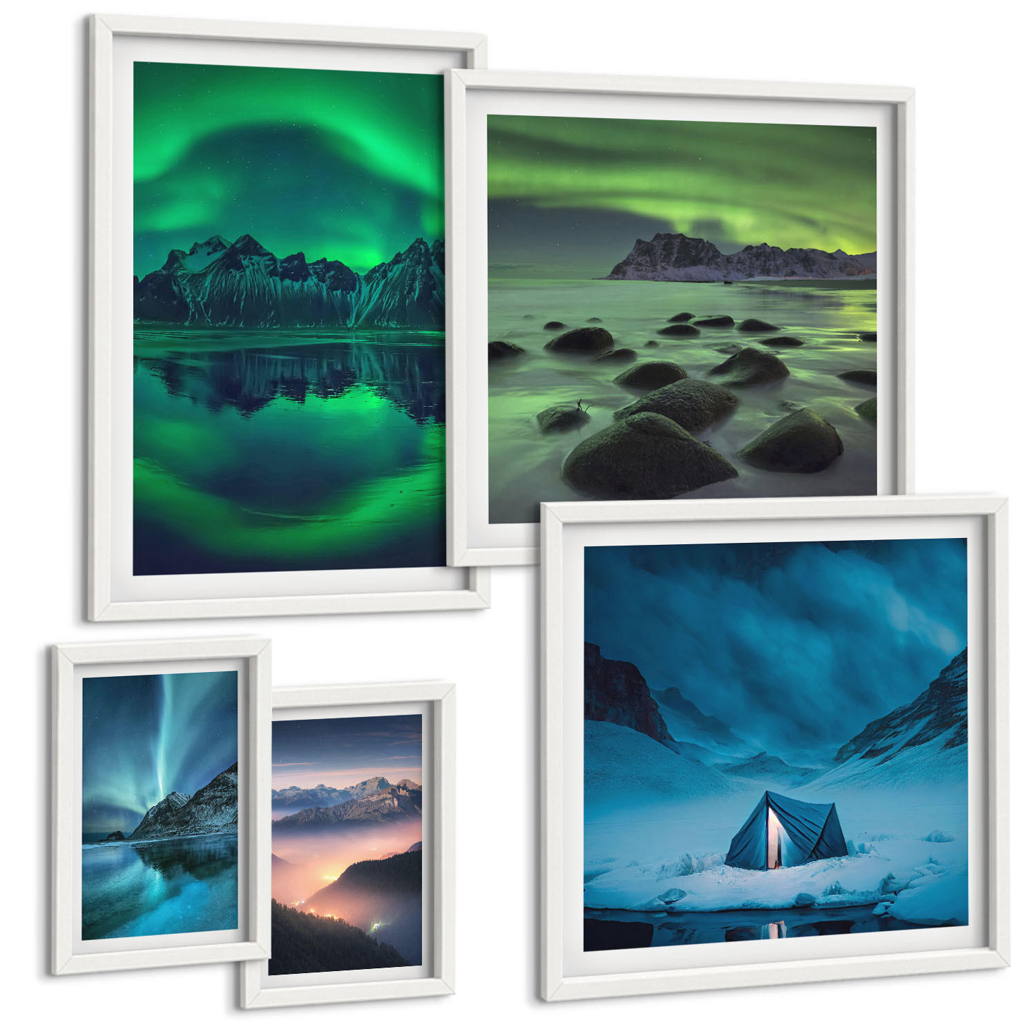 BILDER SET 5er Set - 50x50 cm & 20x30 cm & 40x60 cm Weißer Rahmen - Stilvolle Pflanzenmuster und Geometrie - Weiß, Kunststoff (40/60cm) - TULUP