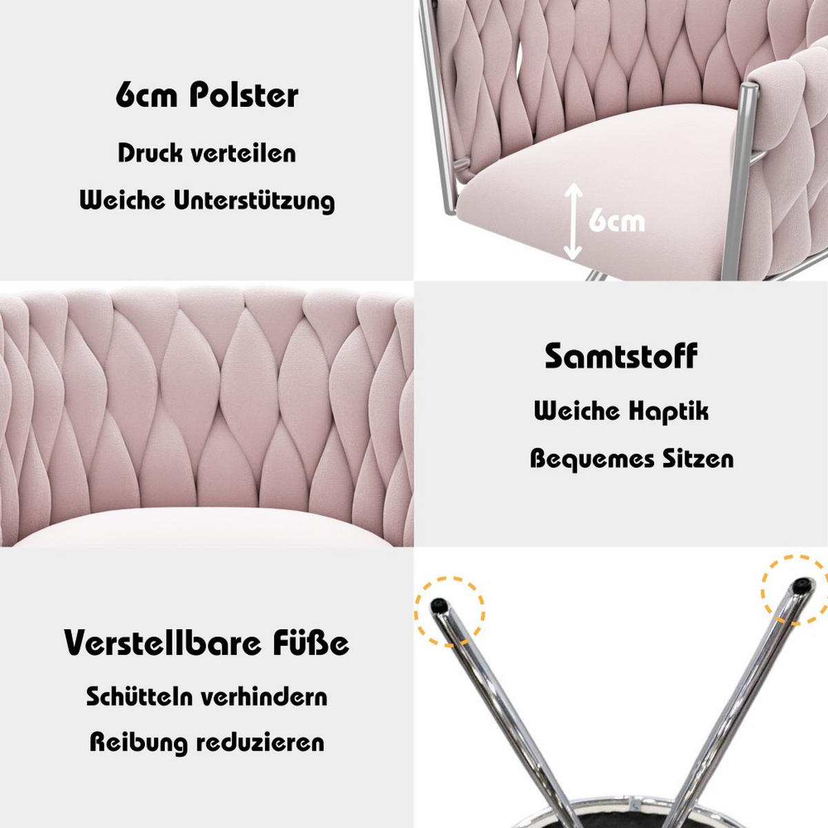 SCHMINKSTUHL 1St in Rosa mit vier Stützbeine aus Metall - Pink, Textil (54/72/59cm) - KOMHTOM