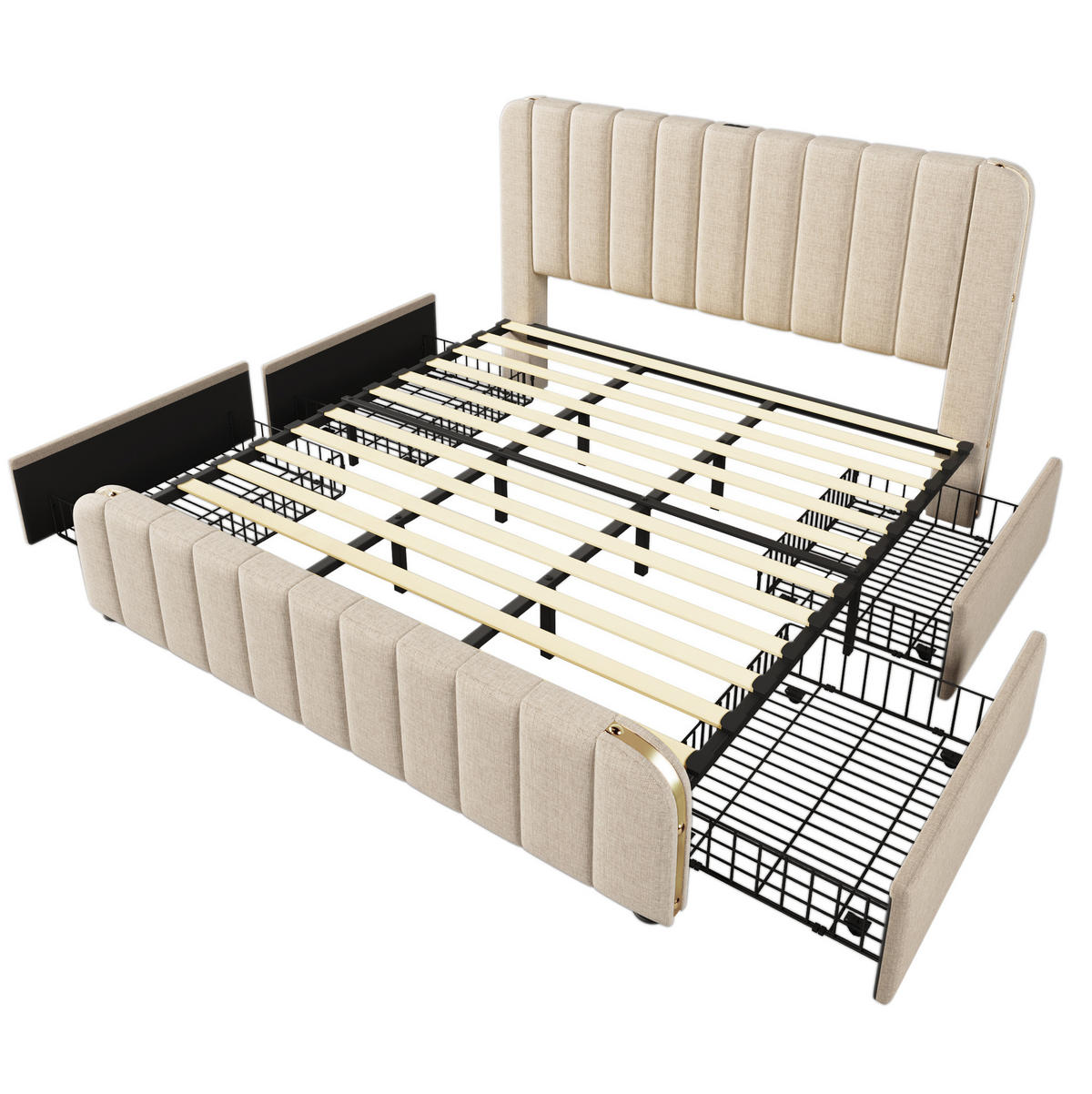 POLSTERBETT 180/200 cm Beige aus Leinen mit 4 Schubladen - Beige, Textil (180/200cm) - OKMYHOME