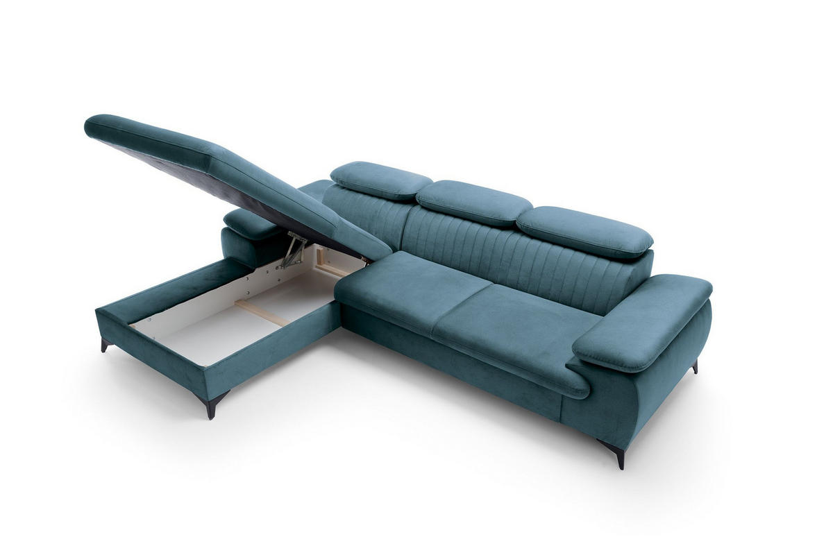 ECKSOFA FIORE Blau Velours-Stoff mit Schlaffunktion - Blau, Holz (280/193cm) - MASSENO