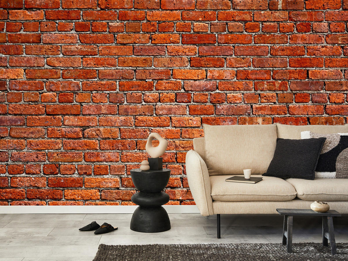 FOTOTAPETE für Wohnzimmer Backstein Ziegel 3D 450x315 - Rot/Orange, Papier (450/315cm) - Muralo