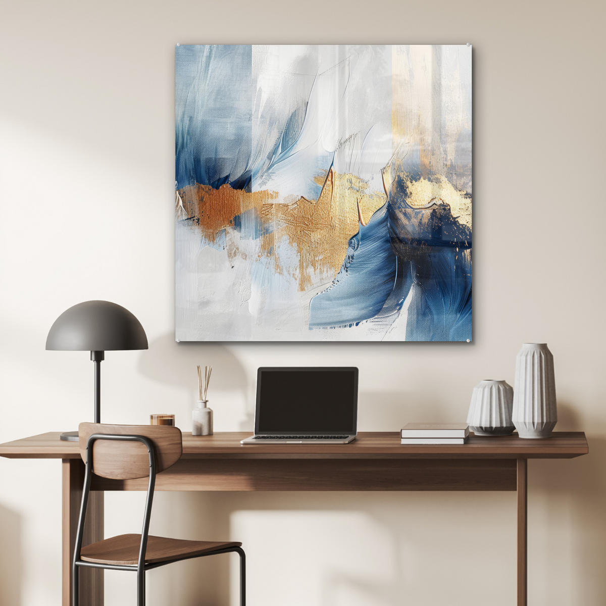 ACRYLGLASBILD Gold - Blau - Aquarell - Kunst - Modern 90x90 cm - Hellblau, Glas (90/90cm) - MuchoWow