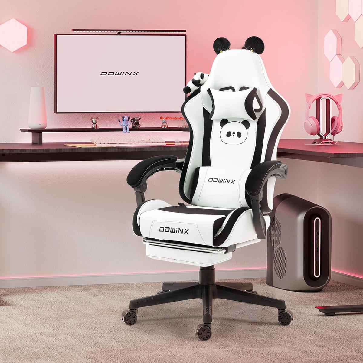 GAMING Stuhl & Lendenwirbelstütze/Hoher Rückenlehne/Fußstütze PU-Leder - Weiß Hochglanz, Leder (72/118/72cm)