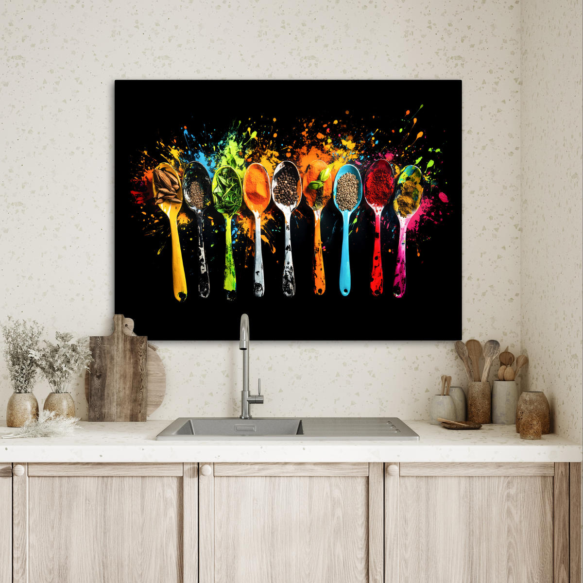 LEINWANDBILD Löffel - Gewürze - Modern - Graffiti - Farbe - Farbenfroh Wandbilder 80x60 cm - Multicolor, Textil (80/60cm) - MuchoWow