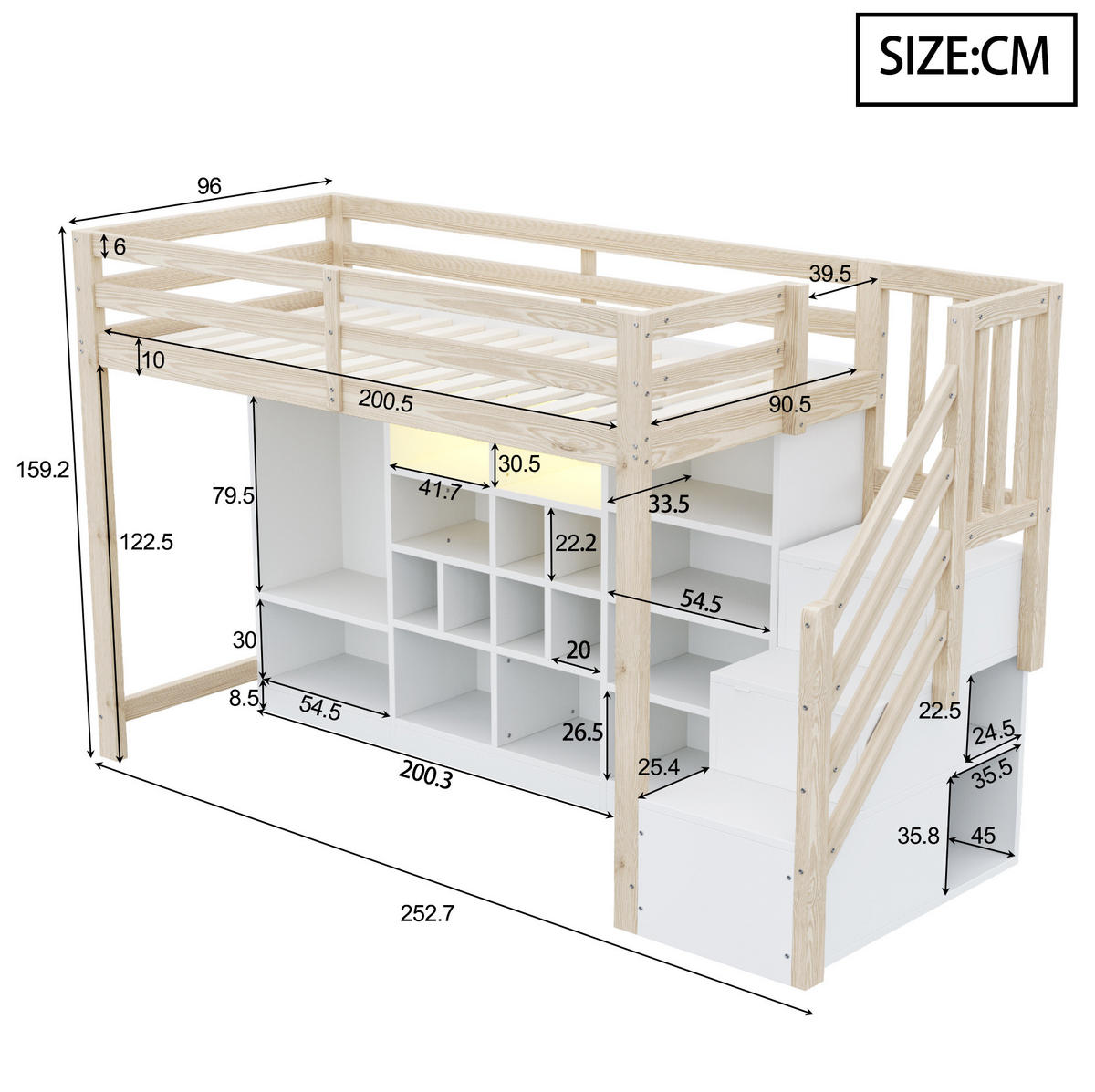 HOCHBETT 90/200 cm aus Holz mit Stauraum, LED-Beleuchtung, Holzfarbe - Naturfarben, Holz (90/200cm) - OKMYHOME