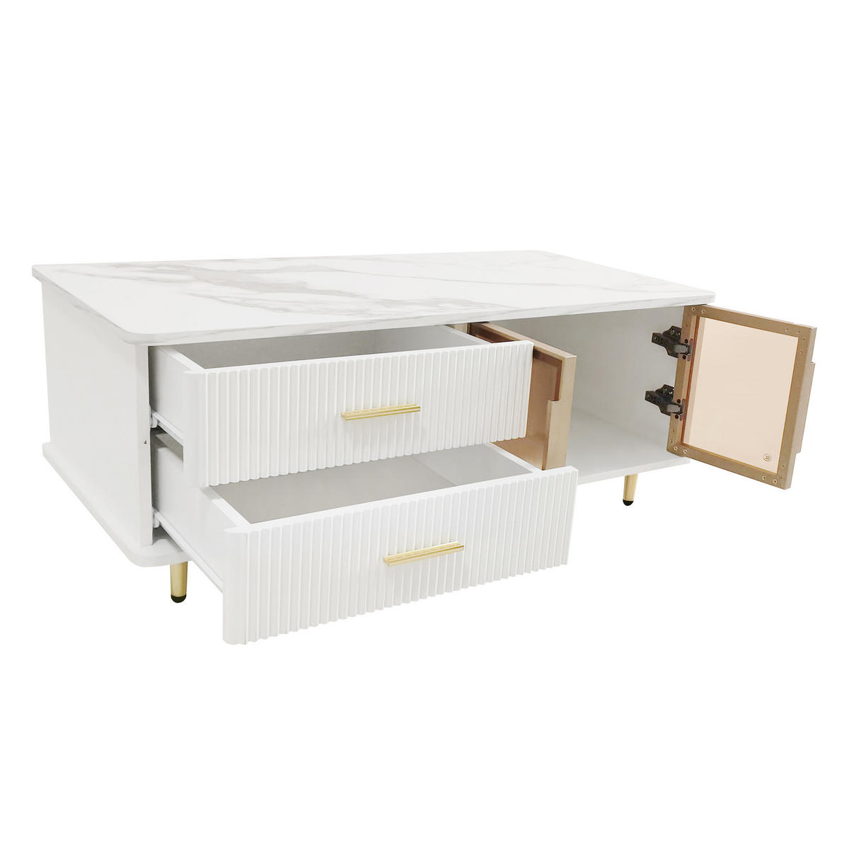 LOWBOARD DE-40544 und Couchtisch mit LED und Glas Weiß - Weiß, Holzwerkstoff (170/37/37cm) - ComfortXL