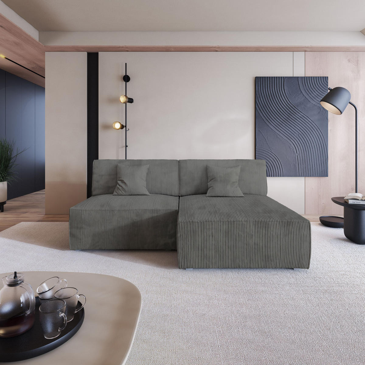 ROHOVÁ SEDAČKA FIORO šedá - šedá, dřevo/textil (204/148cm) - MASSENO