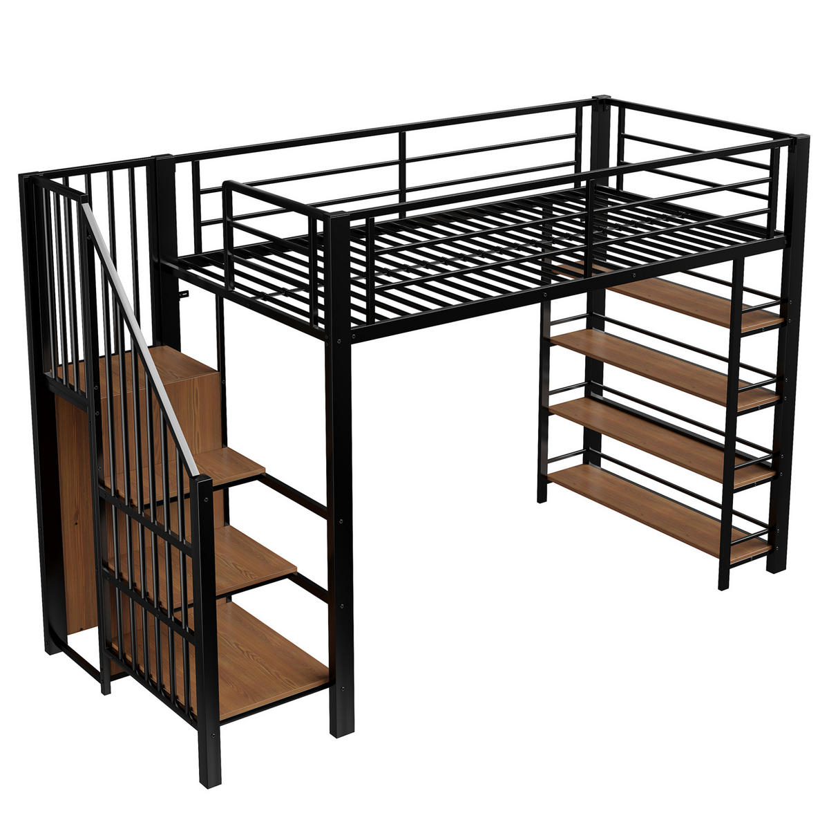 HOCHBETT 90/200 cm Schwarz mit Sicherheitstreppe und Stauraum mit Matratze - Schwarz, Metall (90/200cm) - OKWISH