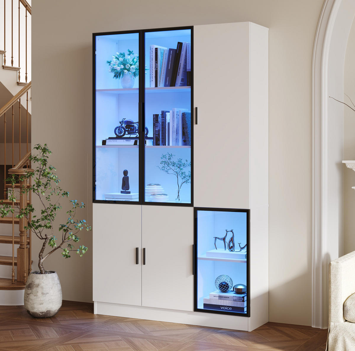 VITRÍNA z MDF, dřevotřísky a skla 120x35x200 cm bílá s LED osvětlením, 3 skleněnými dveřmi a 10 úložnými zónami - bílá, kompozitní dřevo (120/200/35cm) - Modfu