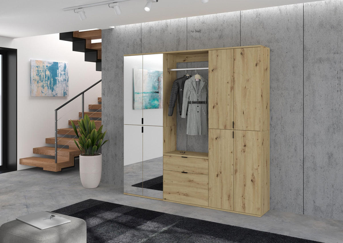 KOMMODE + Garderobenstange Projekt X Garderobe in Artisan Eiche Nachbildung B/H/T: 61x62x34 cm - Eiche Artisan, Holzwerkstoff (60/61/34cm)