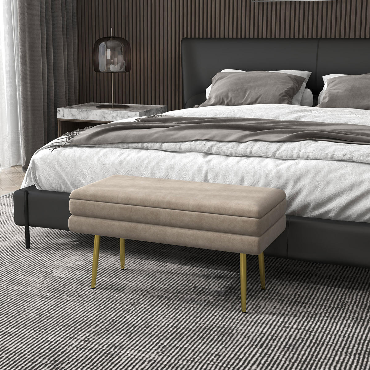 SITZBANK, Polsterbank mit Stauraum, Samtoptik, Bettbank mit Stahlbeine, Beige - Beige, Kunststoff (37.5/43/79.5cm) - HOMCOM