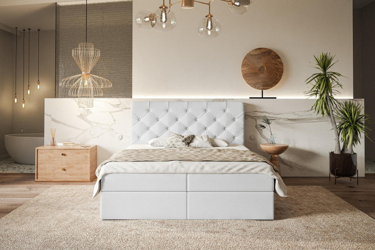 BOXBETT BOSTON mit 2 Bettkästen, 160x200, Farbe: Weiß, Kunstleder, Doppelbett mit Bonell-Matratze - Weiß, Holz/Kunststoff (160/200cm) - Alpi-Möbel