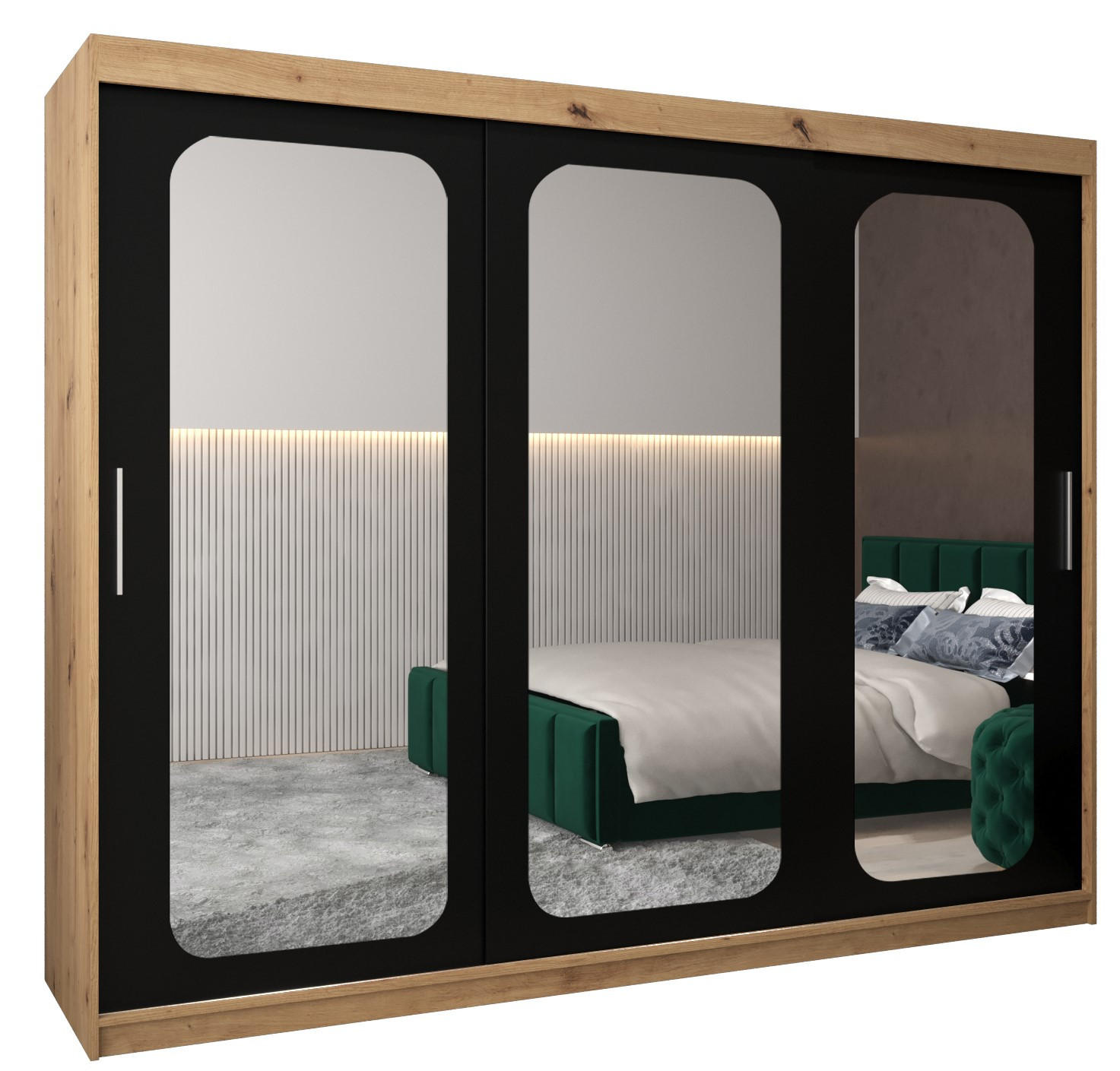 Abiks Möbel Schwebetürenschrank Eiche Artisan, Schwarz 250x200x62 cm