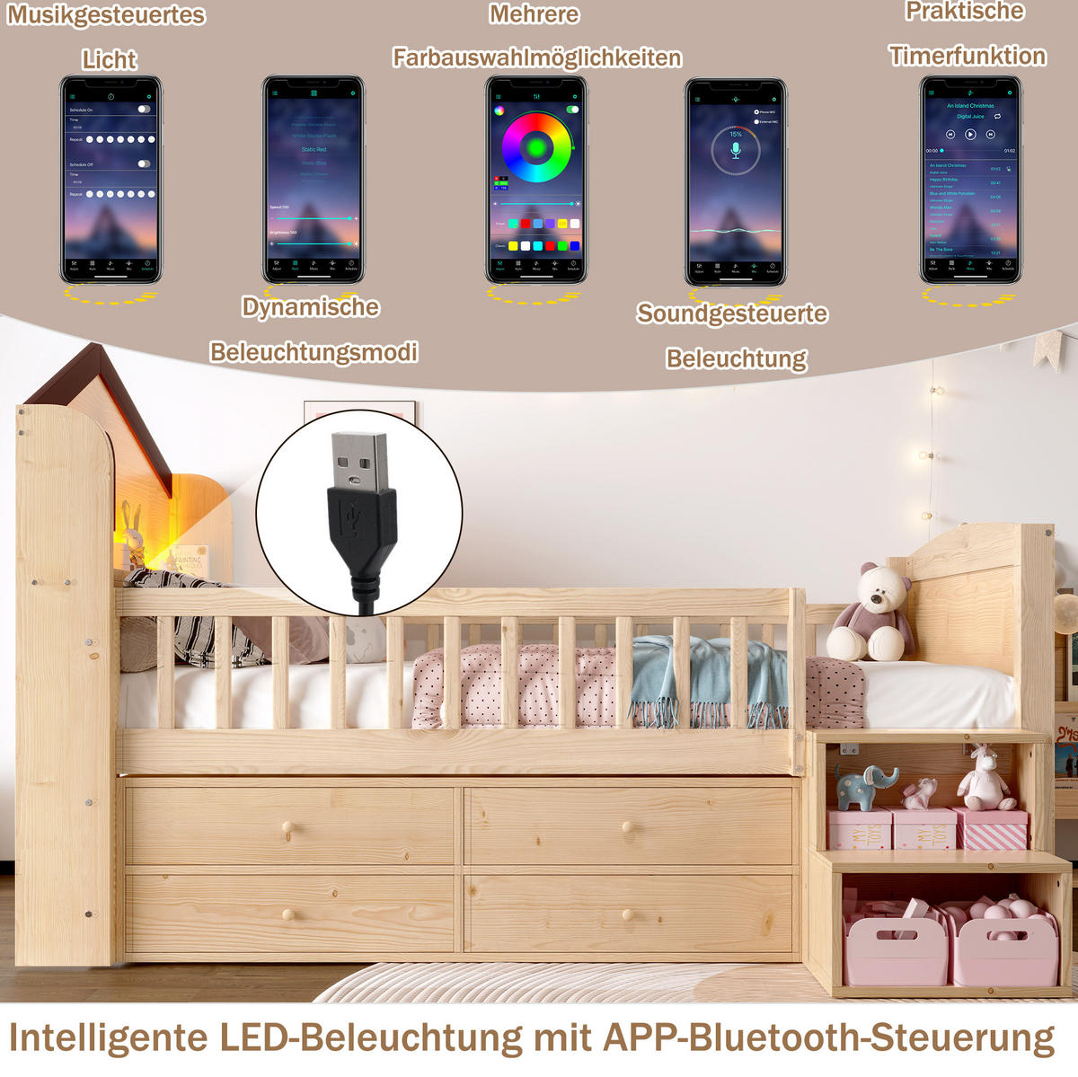 HALBHOHES BETT Hausform 90/200 cm mit LED und Stauraum ohne Matratze - Naturfarben, Holz (90/200cm) - MIVRAY