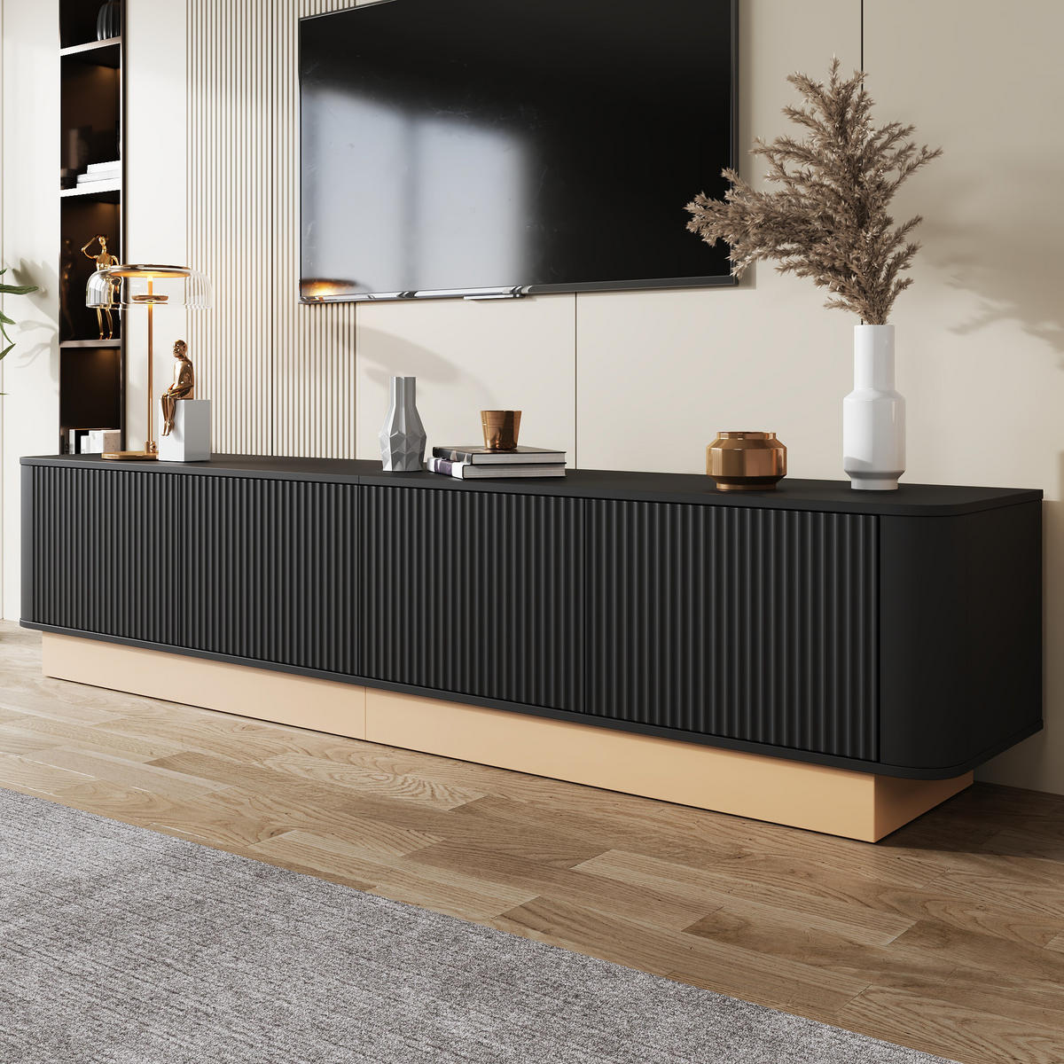 TV-LOWBOARD 200 cm geriffelt 4 Türen - Schwarz, Holz (200/47.5/40cm) - LEBENLANG