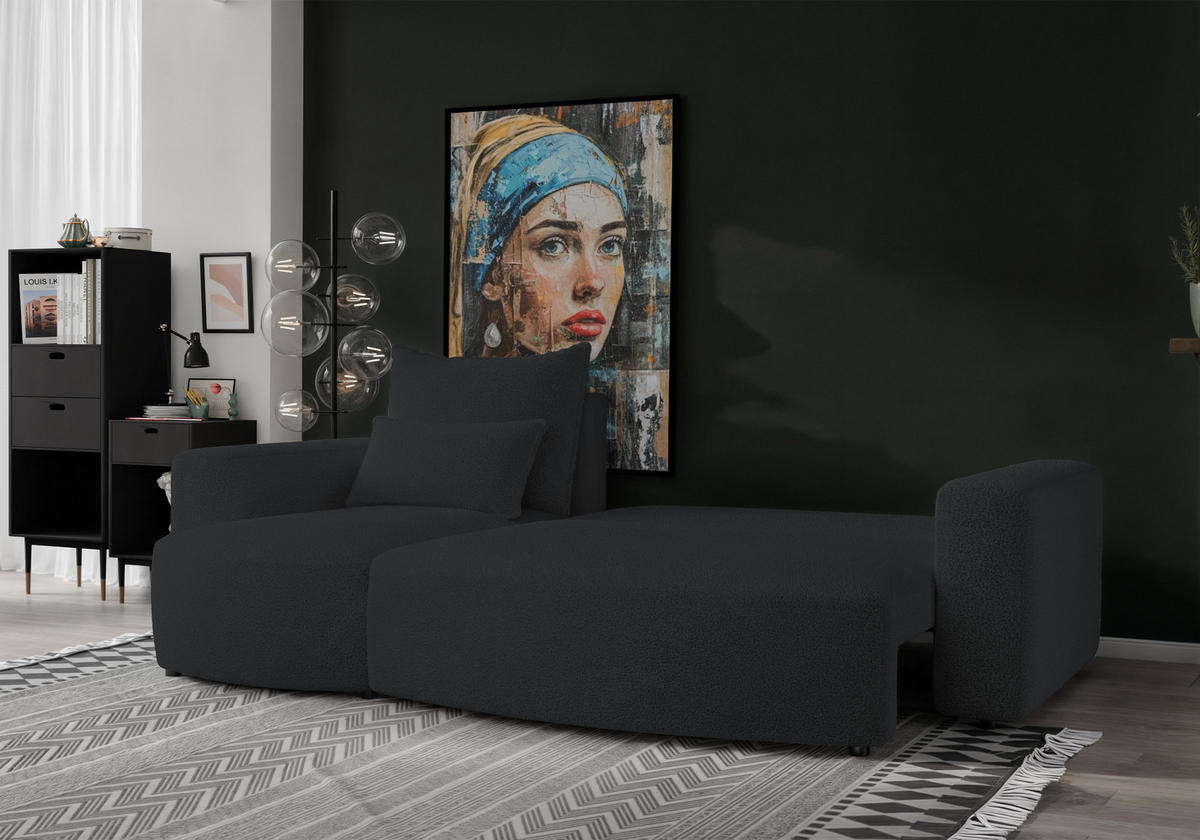 ECKSOFA Travis mit Bettkasten und Schlaffunktion, L-Form, Boucle, Universal - Schwarz, Holzwerkstoff (248/148cm) - 4ALL HOME