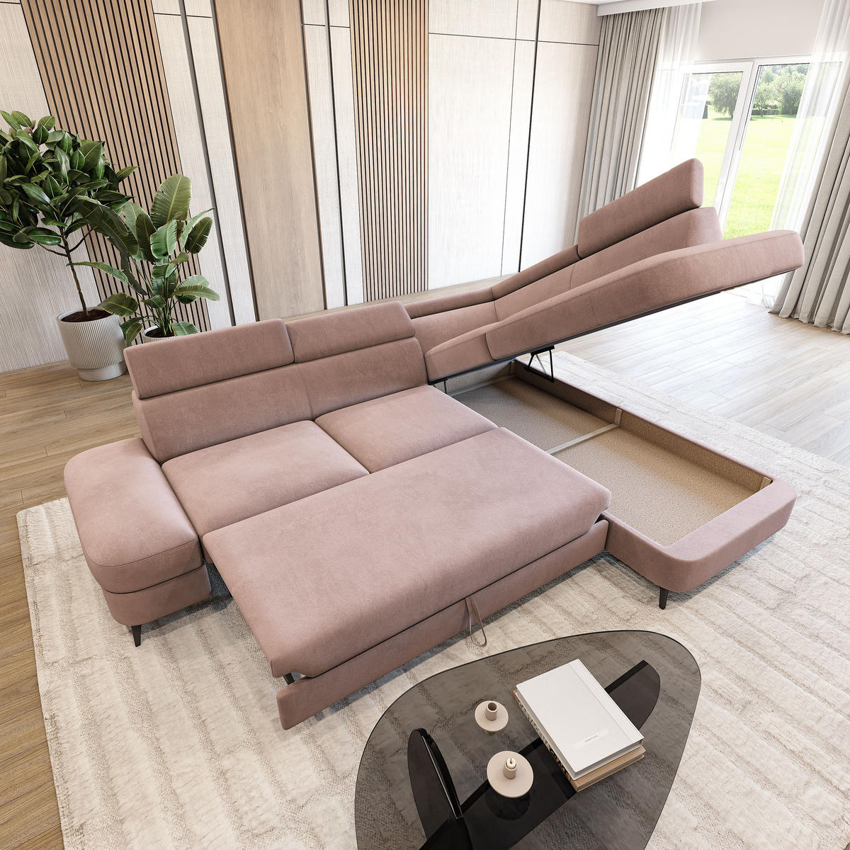 ECKSOFA AVISE MV R-S Rosa Velours-Stoff mit Schlaffunktion - Rosa, Holzwerkstoff/Textil (268/195cm) - MASSENO