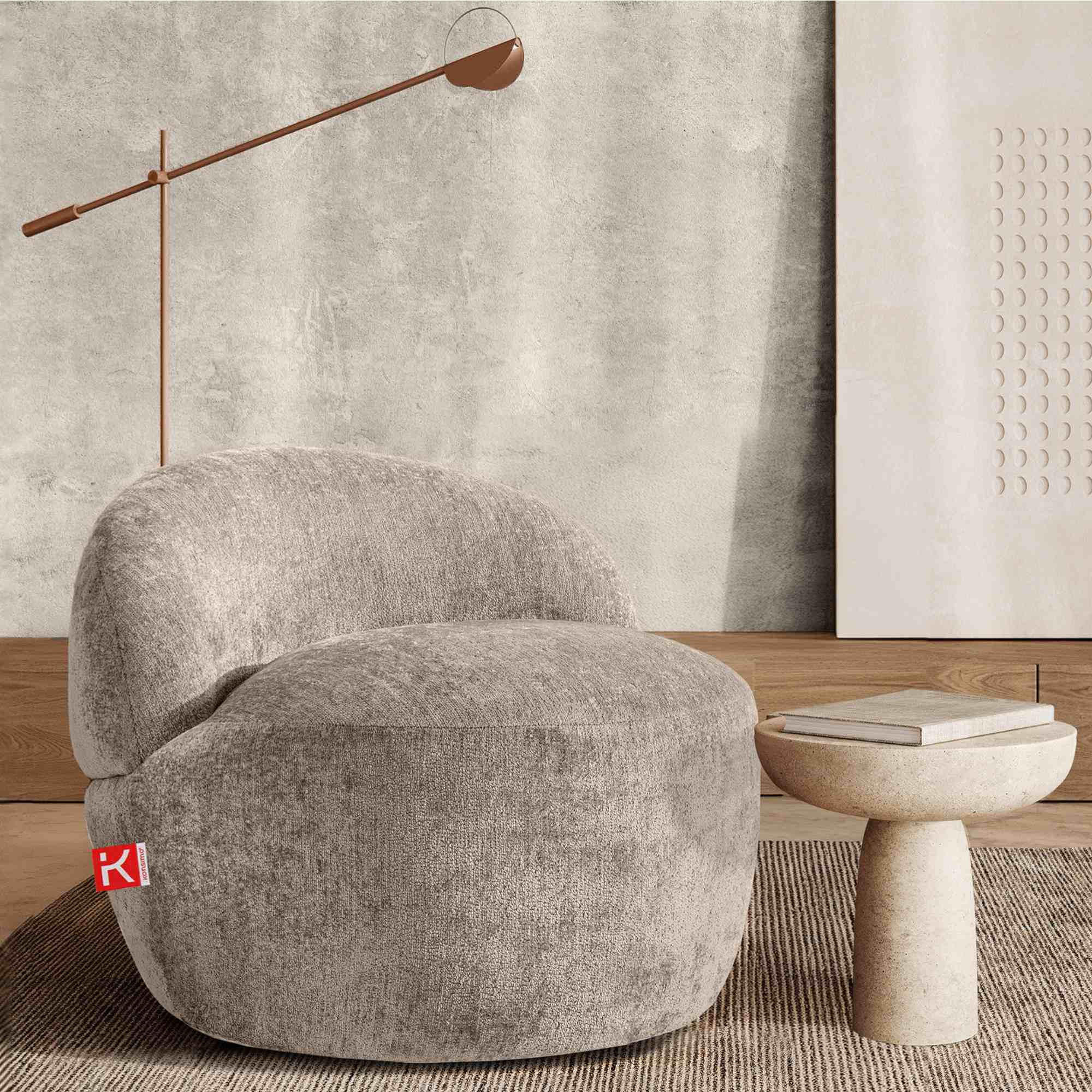 SESSEL NELUM Chenille-Stoff, rund, Beige - Beige/Schwarz, Holz/Holzwerkstoff (76/64/76cm) - KONSIMO®