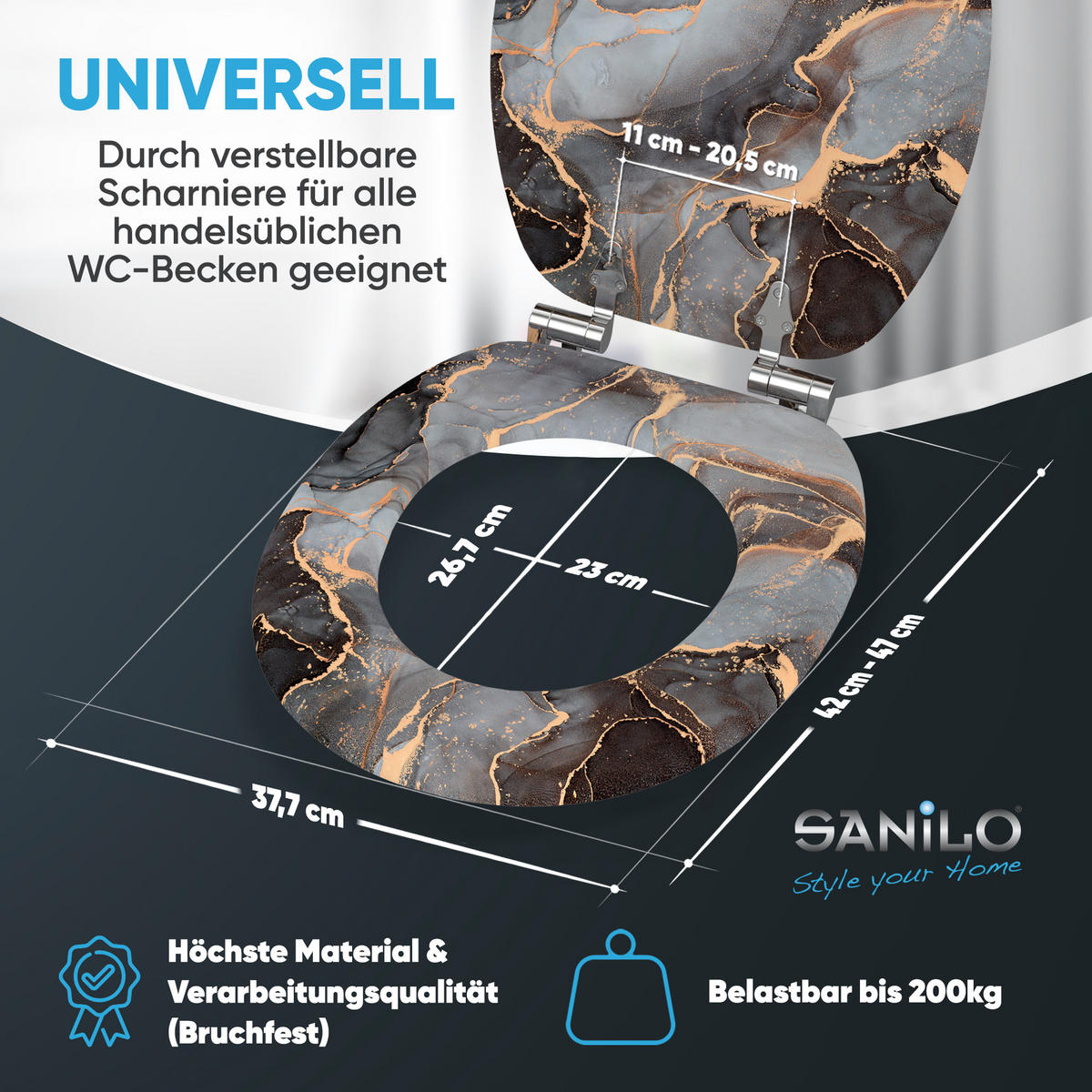 WC Sitz Absenkautomatik Marmor Abstrakt - Grau, Holzwerkstoff (38/6/47cm) - Sanilo