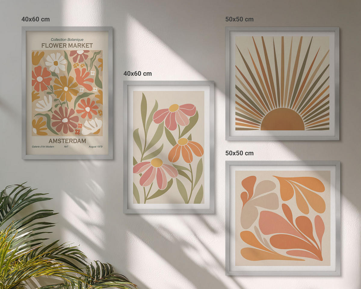 BILDER SET 4er Set - 50x50 cm & 40x60 cm Silberner Rahmen - Pastellfarbene Sonnenblumen - Silberfarben, Kunststoff (50/50cm) - TULUP