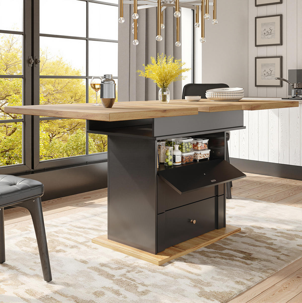 JÍDELNÍ stůl 110-140/80/75 cm černá/přírodní z MDF s rozkládací deskou a úložným prostorem - černá, kompozitní dřevo (110/80/75cm) - OKWISH