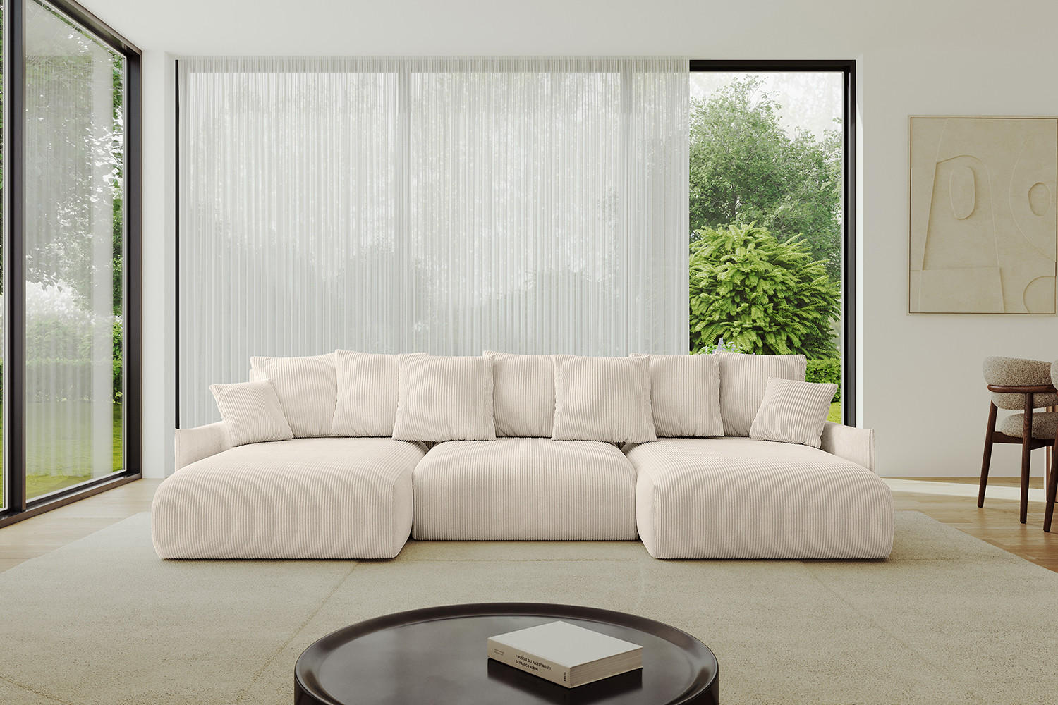 WOHNLANDSCHAFT mit Schlaffunktion und Bettkasten ONESK-U-v1 304x165x40 Beige Cord - Beige, Holzwerkstoff/Kunststoff (304/90/165cm) - ALTDECOR