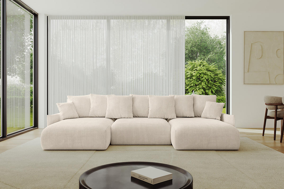 WOHNLANDSCHAFT mit Schlaffunktion und Bettkasten ONESK-U-v1 304x165x40 Beige Cord - Beige, Holzwerkstoff/Kunststoff (304/90/165cm) - ALTDECOR