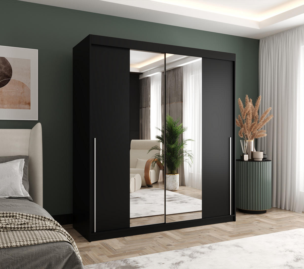 SCHIEBETÜRENSCHRANK mit Spiegel 180 cm Breite, schwarz mit silbernem Griff - Silberfarben/Schwarz, Holzwerkstoff (180/200/62cm) - Home Collective