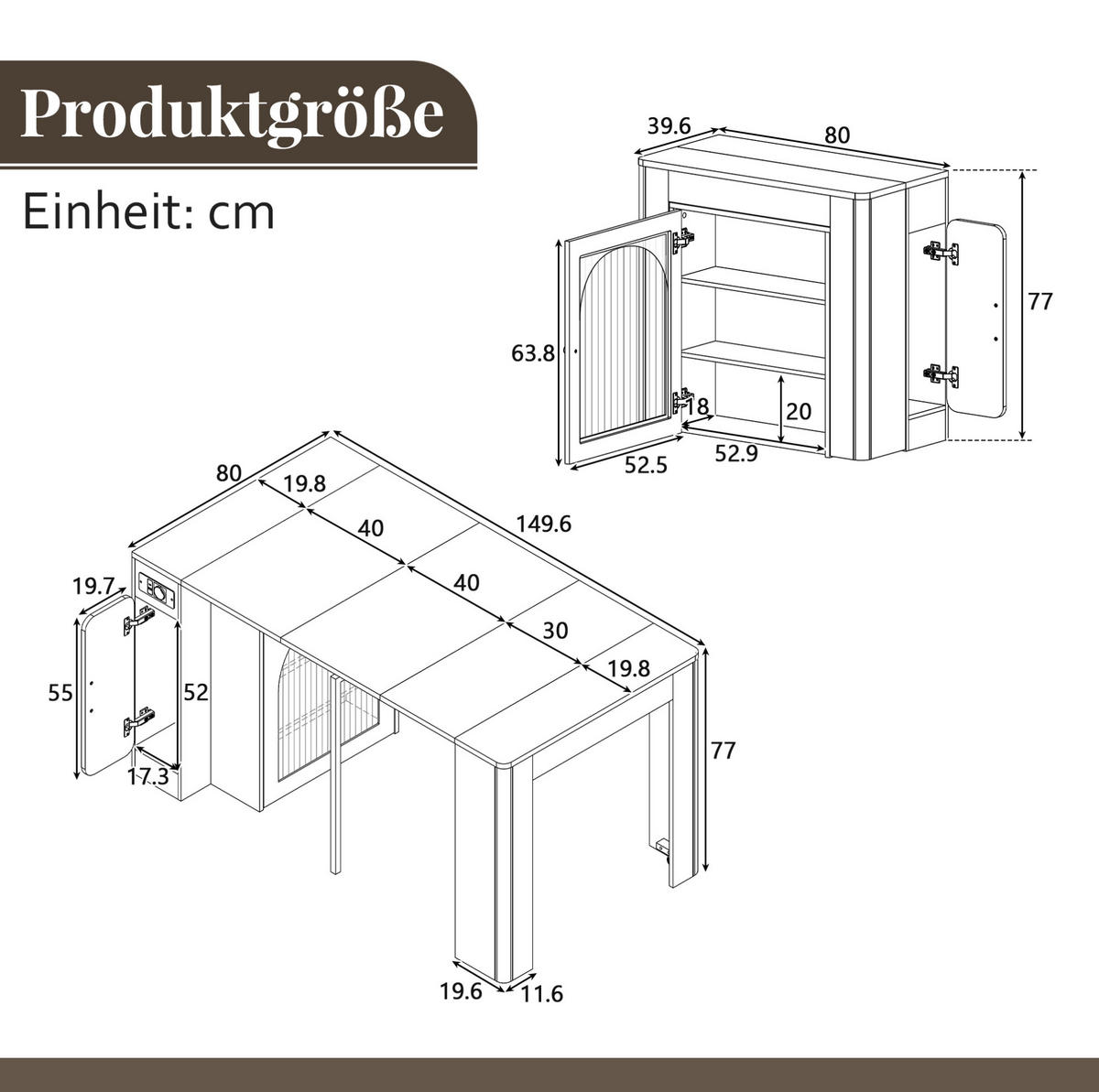 KÜCHENINSEL 83/39,6-149,6/77 cm in Weiß/Schwarz mit LED und USB- und Type-C-Anschlüssen - Schwarz, Holzwerkstoff (83/77/39.6cm) - Flora Grace