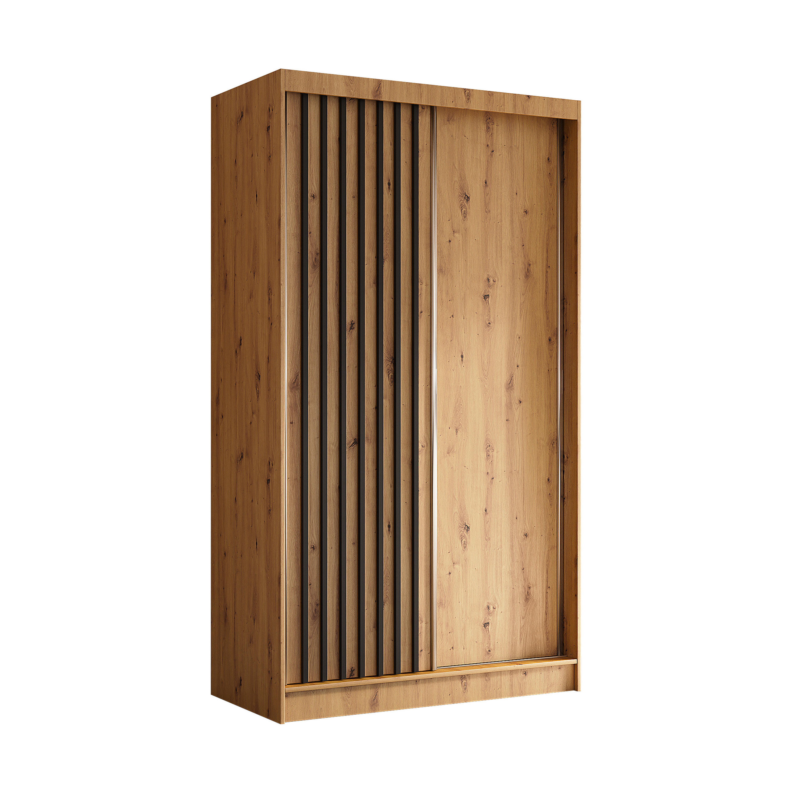 KLEIDERSCHRANK mit furnierten Schiebetüren und Aluminium-Leisten, LED-Beleuchtung - LABELO - 120 cm Artisan+Artisan+Schwarz - Schwarz/Eiche Artisan, Holzwerkstoff (120/216/61cm) - ALTDECOR