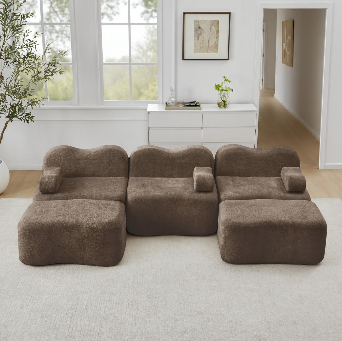 SOFA modular U-Form Samt Braun mit 2 Hockern - Braun, Textil (167/70/288cm) - Meubliv
