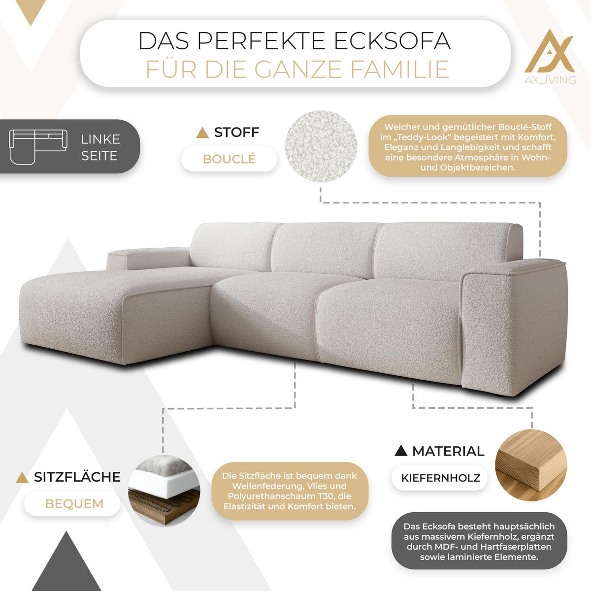 ECKSOFA L Form Didim mini Weiß 310/165/78 cm – stilvolle kleine Eckcouch L - Schwarz/Weiß, Kunststoff/Textil (165/310cm) - AX Living
