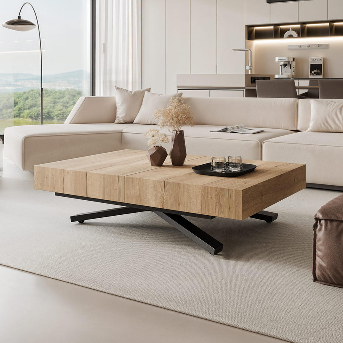 COUCHTISCH SANELLE X ausziehbar mit Liftfunktion, 120/80/76 cm Schwarz/Eiche - Eichefarben/Schwarz, Holzwerkstoff/Metall (120/80/27cm) - Idohome