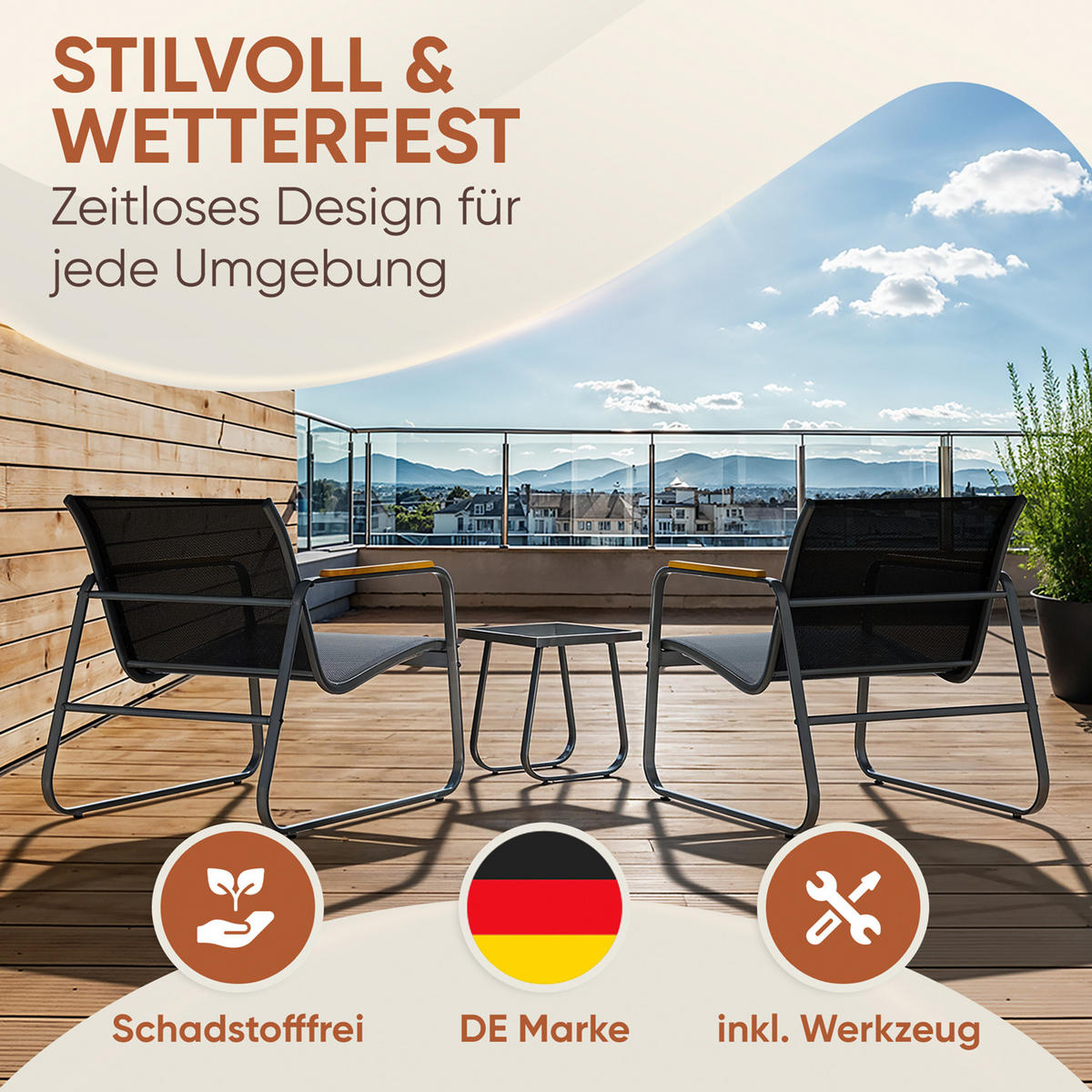 GARTENMÖBEL 3er Set, 2 Sessel und 1 Tisch, Anthrazit - Anthrazit, Metall - Blumtal