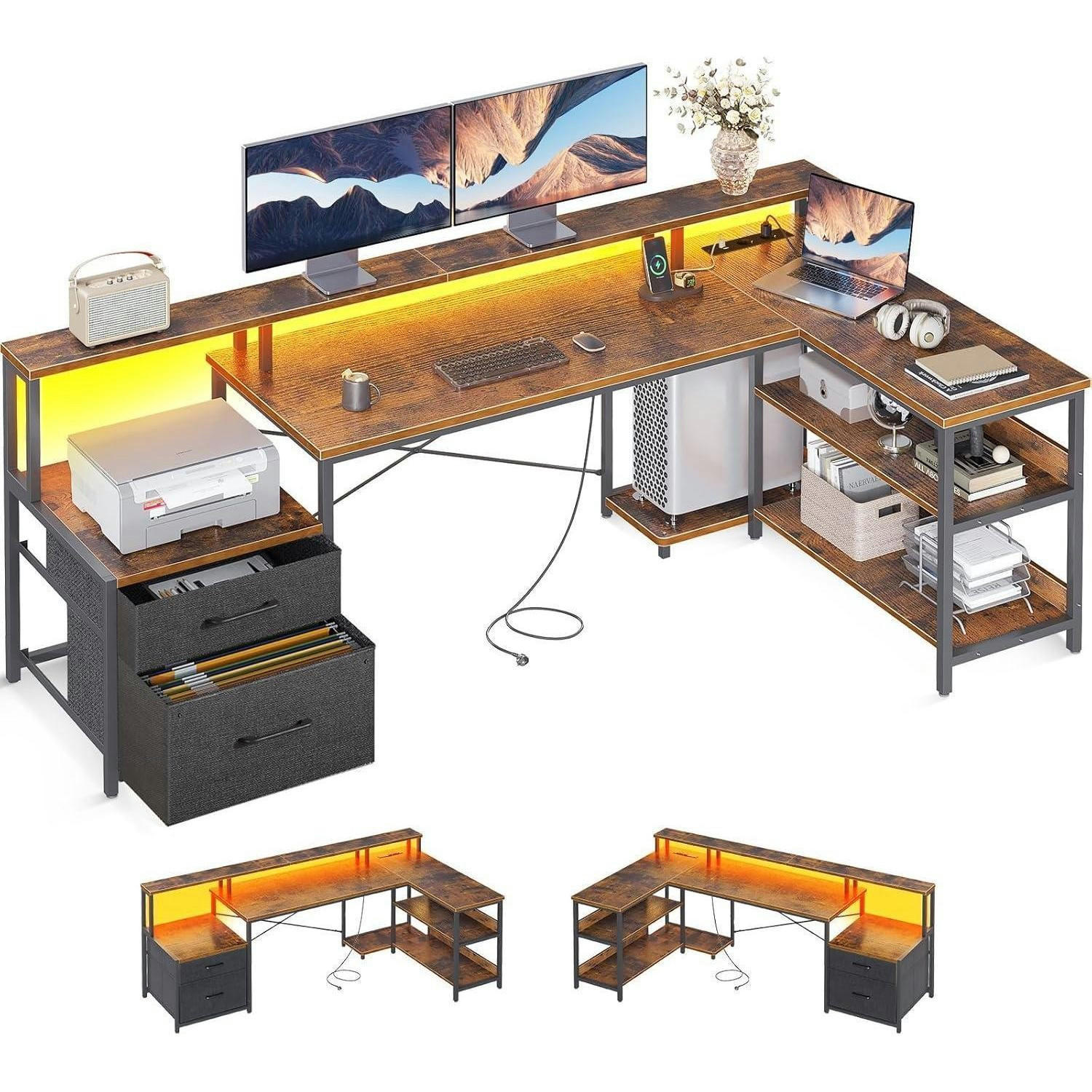 ECKSCHREIBTISCH L Form mit LED und Steckdosenleiste Vintage-Braun 189.3 x 100 cm - Braun, Holzwerkstoff (100/189.3/88.7cm)