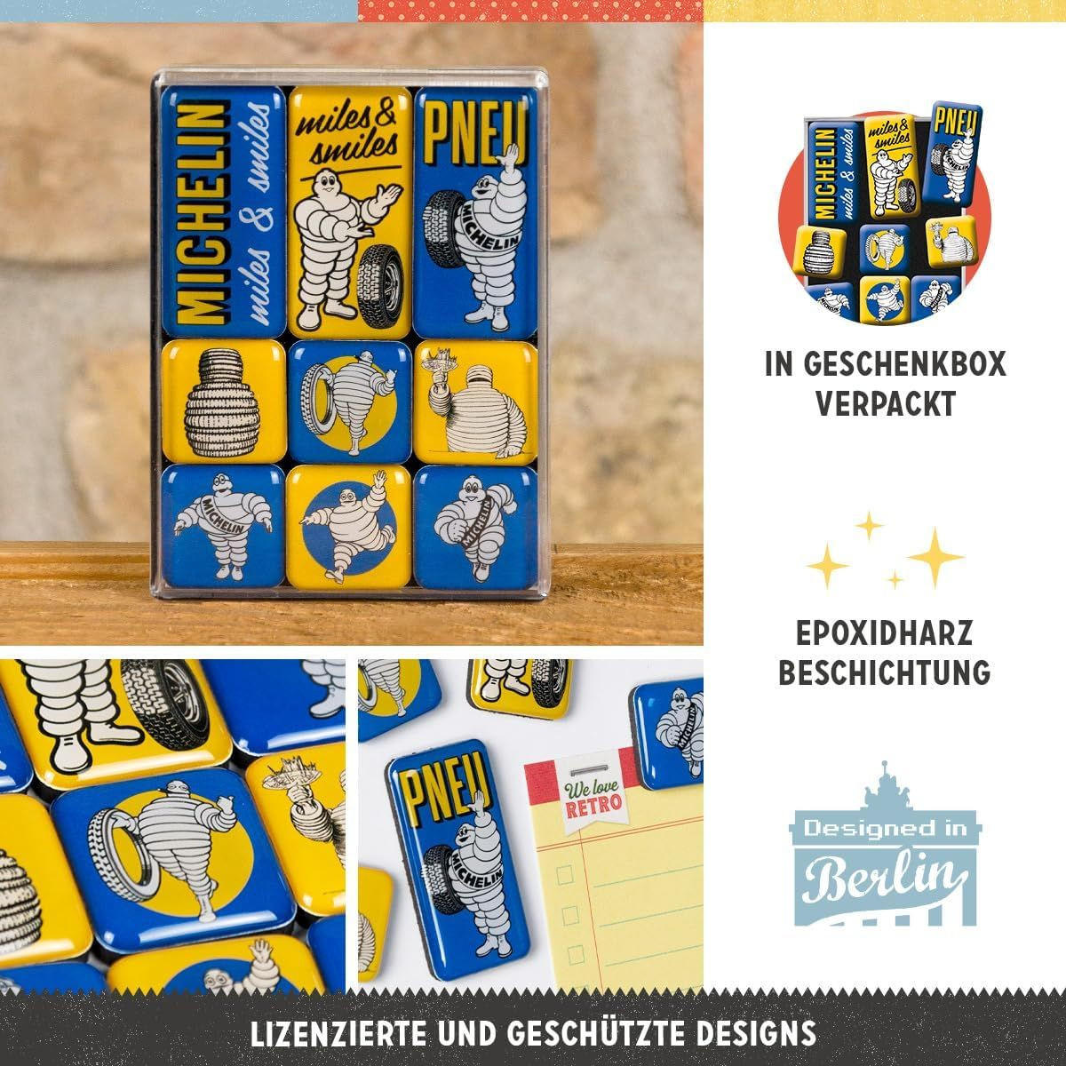 MAGNETSET 9-teilig Michelin Logo Evolution - Multicolor, Metall (7/9/2cm) - Nostalgic-Art