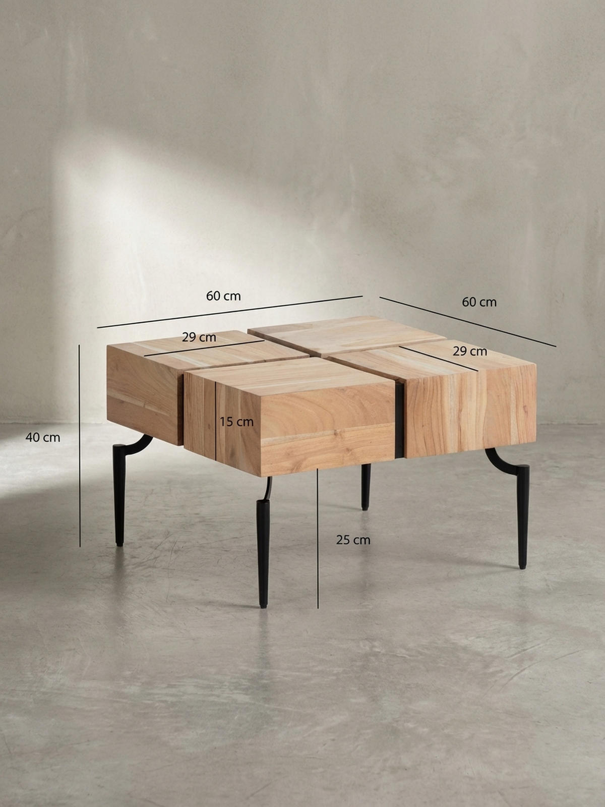 COUCHTISCH Massivholz Quadratisch Metallgestell Würfel-Form Modern, Akazie 60x60x40 cm - Schwarz/Akaziefarben, Holz/Metall (60/60/40cm) - KADIMA DESIGN