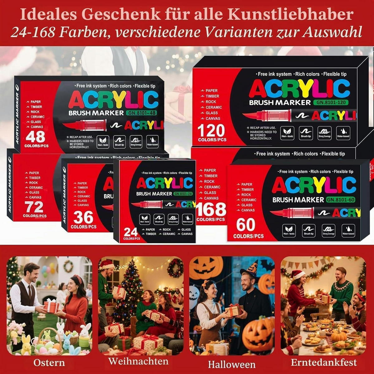 ACRYLSTIFTE 60 Farben Set mit flexibler Pinselspitze - Multicolor, Kunststoff (3.9/26/15cm)