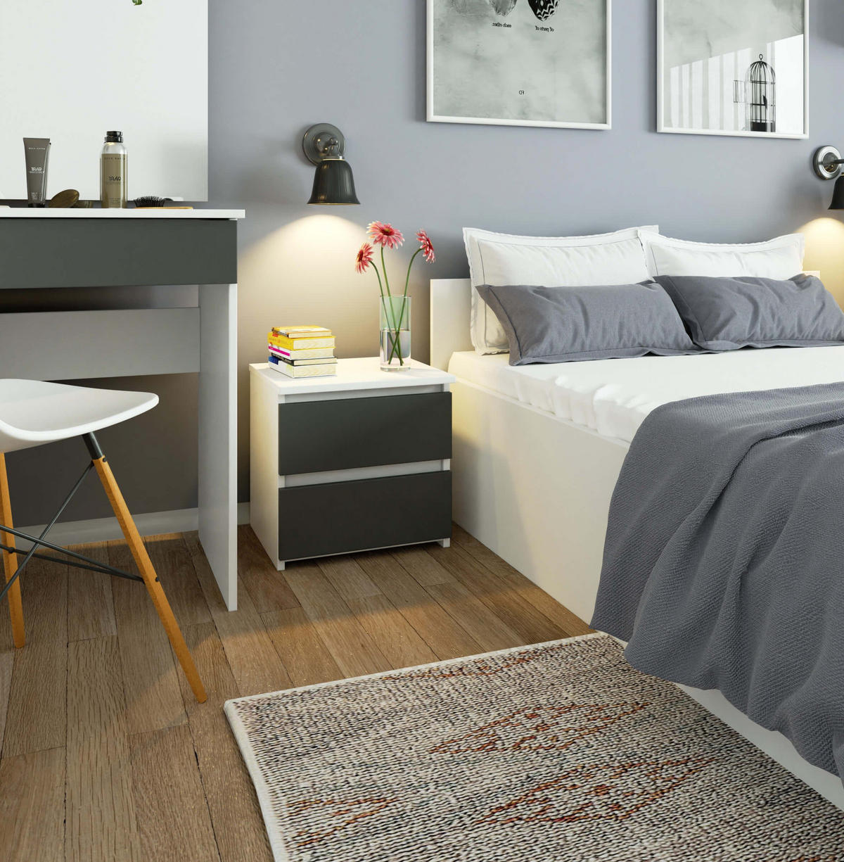 NACHTSCHRANK CL2, Weiß-Grau, 40x35x40 cm - Weiß/Grau, Holz (40/40/35cm) - Milordbikes