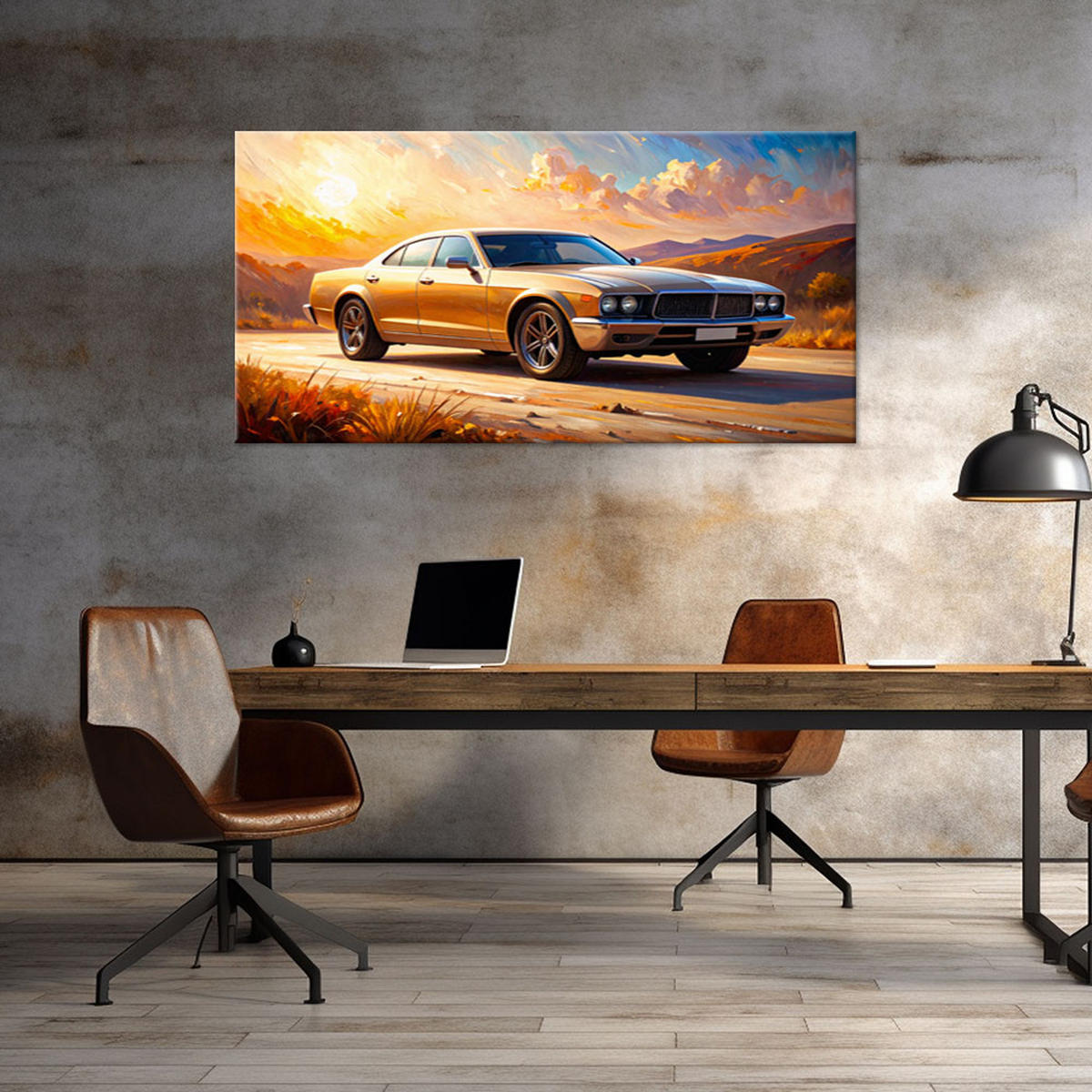 LEINWANDBILD Auto Straße Landschaft 120x60cm - Beige, Textil (120/60cm) - Feeby