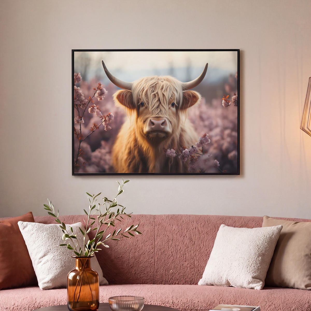 LEINWAND Bilder mit Rahmen - Schottischer Hochländer - Frühling - Hochland - 70x50 - Hellrosa, Textil (70/50cm) - MuchoWow